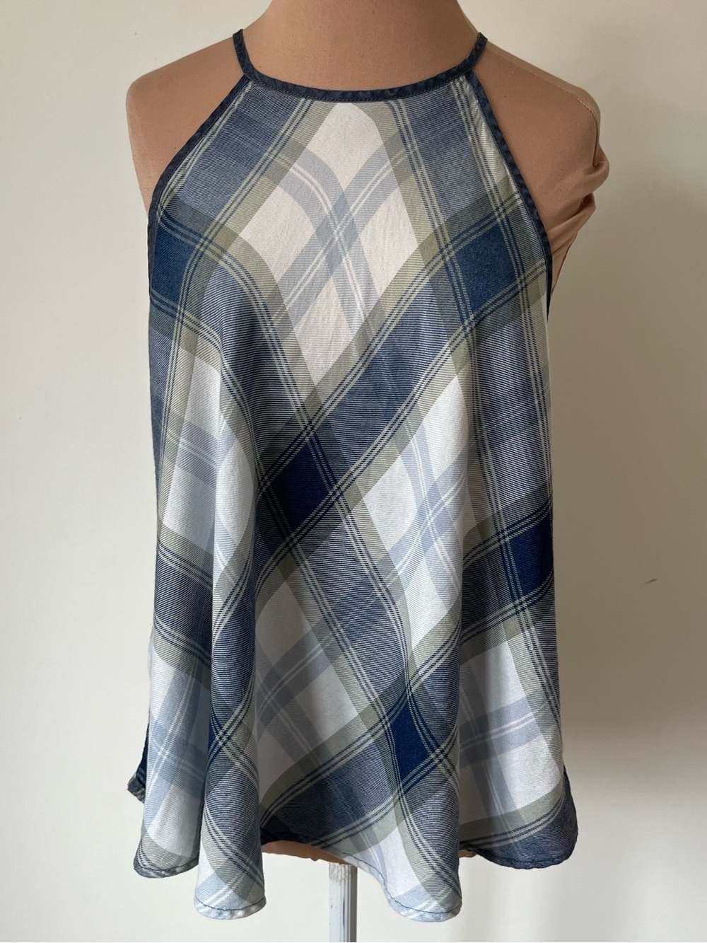 Anthropologie Bella Dahl Plaid Sleeveless Halter Neck Flowy Swing Blue Top Sz M